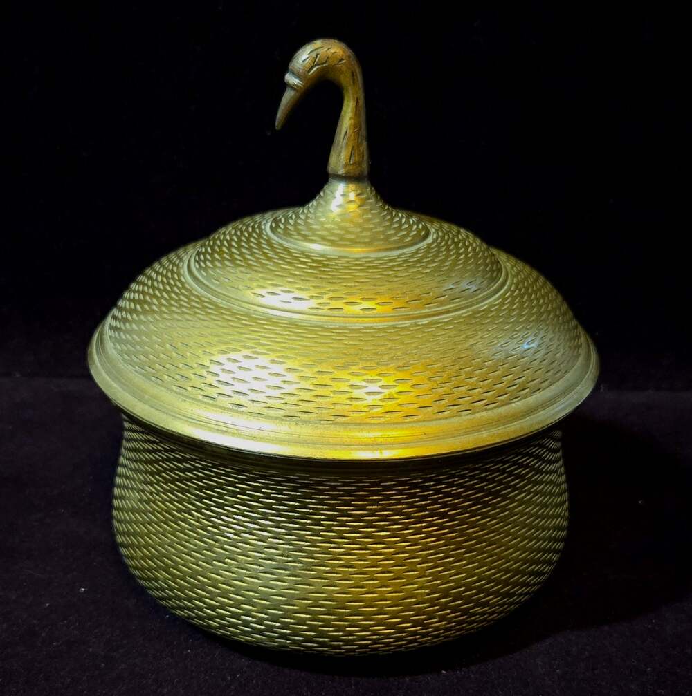 Vintage Heavy Solid Brass MCM Trinket Box India C305 Lidded Bird Swan Finial